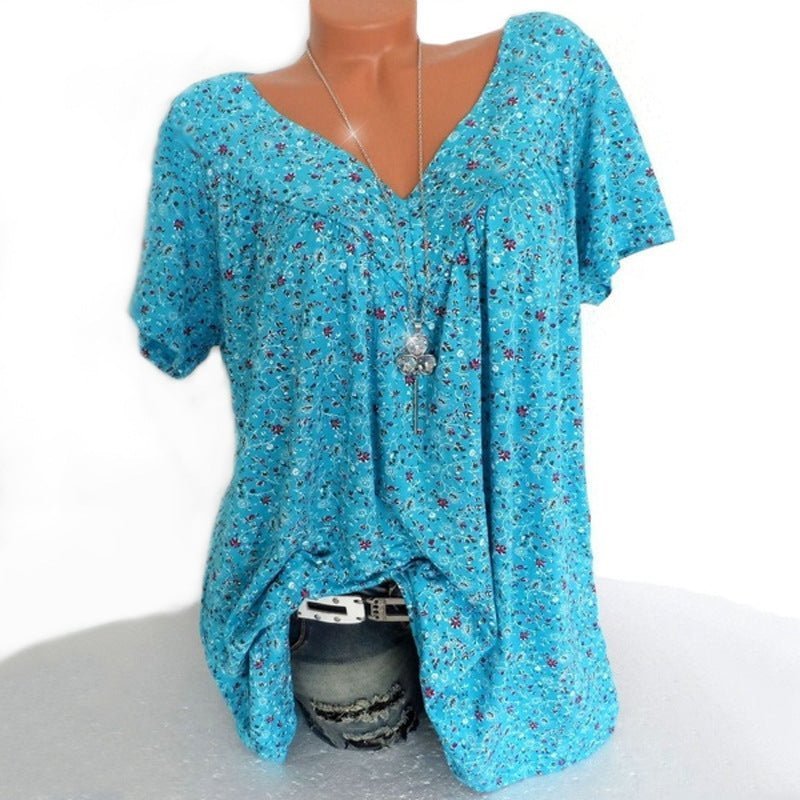 👚Damen Kurzarmbluse mit Frühlingsblumenprint: V-Ausschnitt & lockere Passform🎁