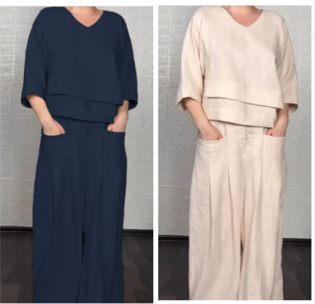 Gluschwein - 💎 2-teiliges Set aus Baumwoll-Leinen mit unregelmäßigem Saum – V-Ausschnitt-Oberteil + Weitbein-Hose, atmungsaktiv & mühelos stilvoll 🍂👚