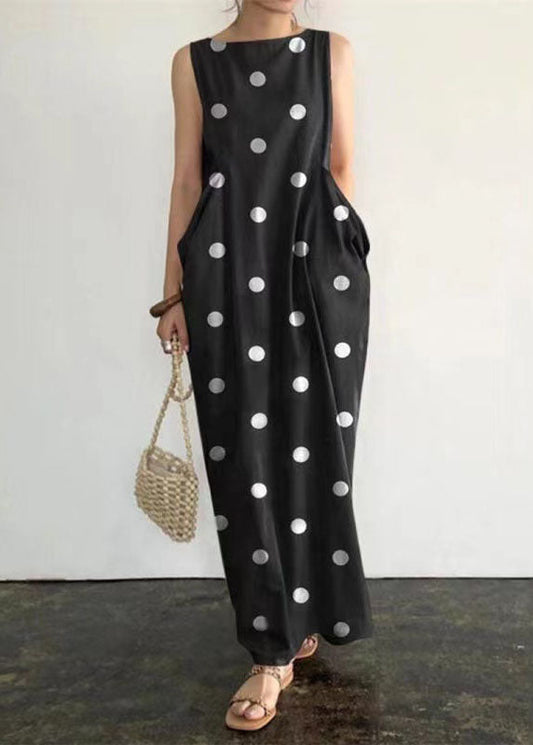 Robe longue noire sans manches à pois et poches