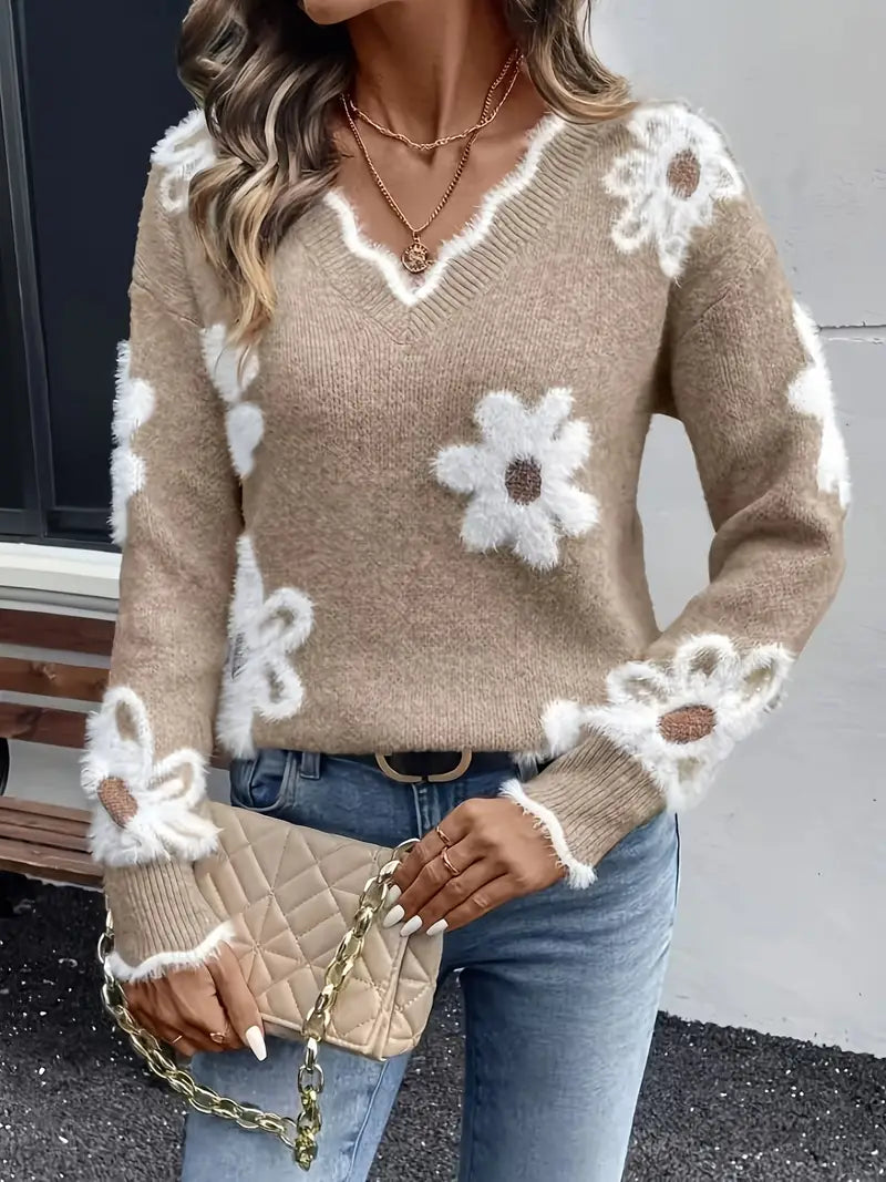 Melanira – Elegante suéter de cuello en V con estampado floral