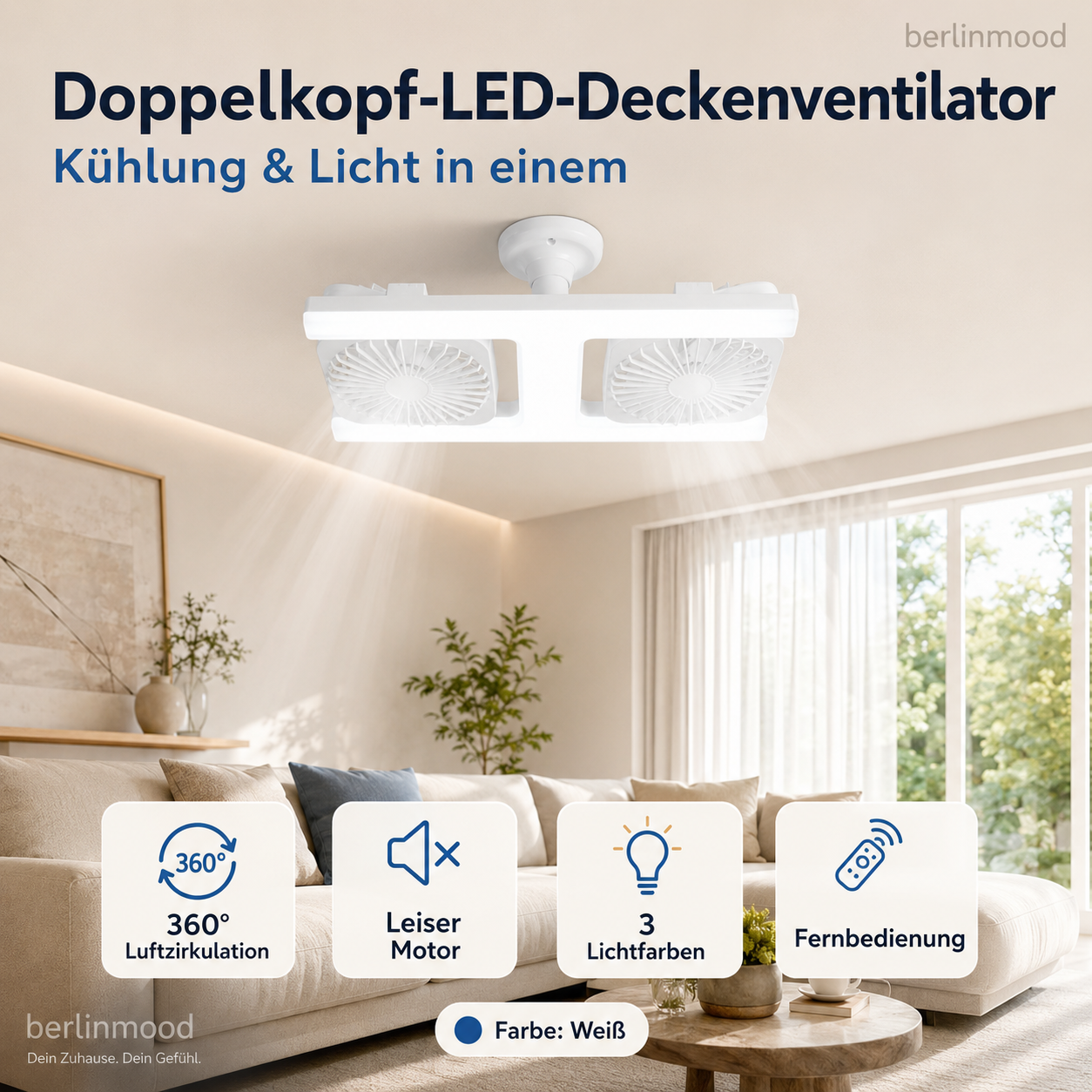🌬️✨Deckenventilator mit Doppelkopf und LED-Licht – modernes Design mit Fernbedienung für Wohnzimmer & Schlafzimmer