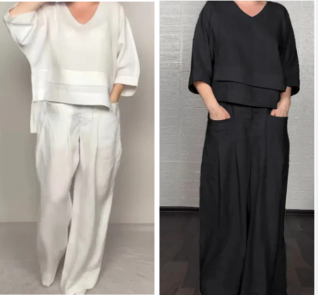 Gluschwein - 💎 2-teiliges Set aus Baumwoll-Leinen mit unregelmäßigem Saum – V-Ausschnitt-Oberteil + Weitbein-Hose, atmungsaktiv & mühelos stilvoll 🍂👚