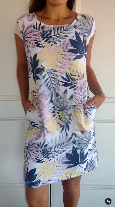 Gluschwein - 🌷56% RABATT❤️‍🔥Bedrucktes Kleid mit Rundhalsausschnitt aus Baumwolle und Leinen für Frauen