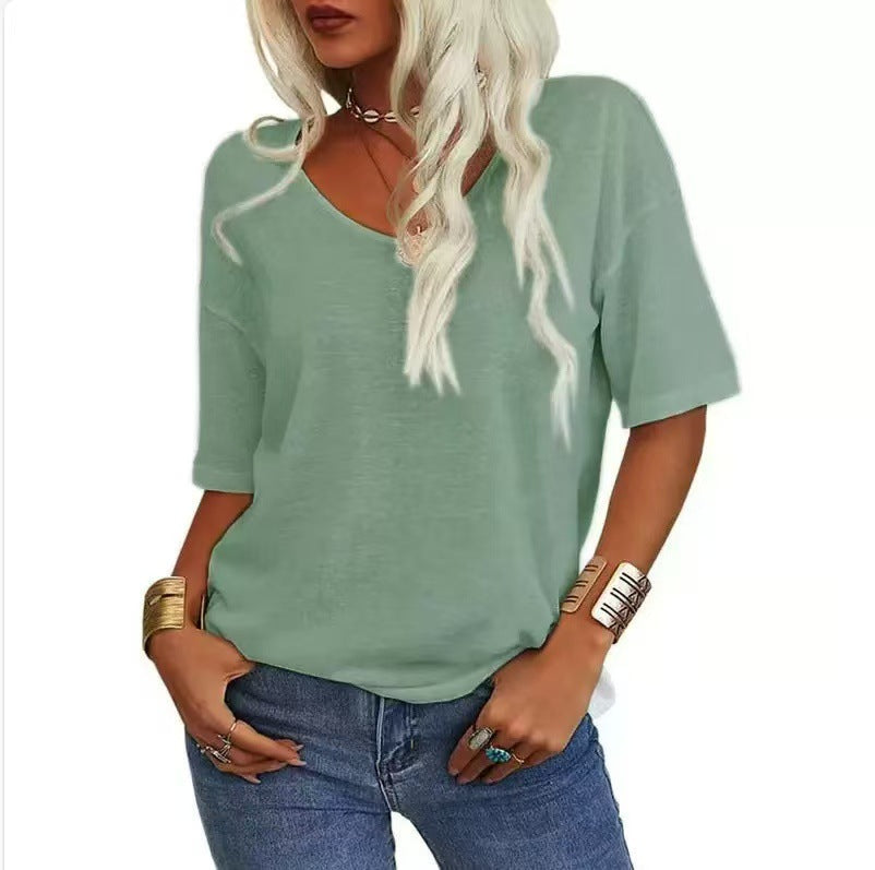 🔥Letzter Tag 63 % Rabatt🔥Einfarbiges Damen-T-Shirt mit V-Ausschnitt – 12 FARBEN