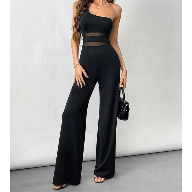 ✨🔥One-Shoulder Jumpsuit mit weitem Bein und Netzeinsatz