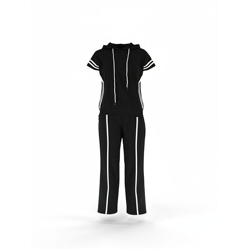 Gestreiftes Damen-Set: Kurzarm-Hoodie & Weitbein-Hose