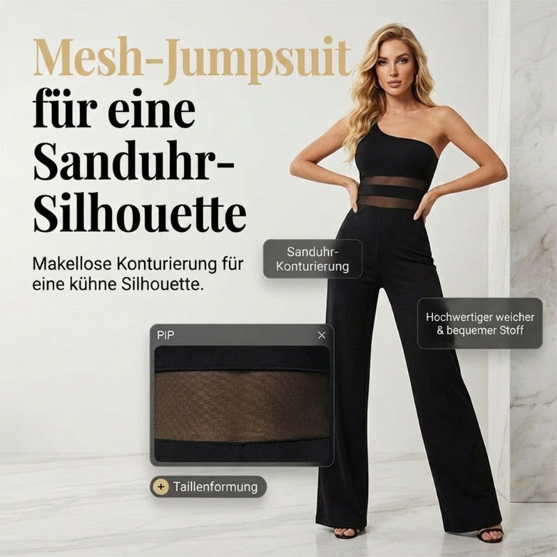 ✨🔥One-Shoulder Jumpsuit mit weitem Bein und Netzeinsatz