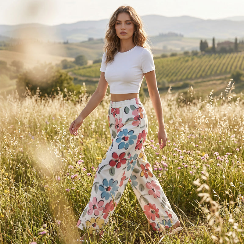 👖 🌸Damen geblümte Weitbeinhose mit elastischem Taillenbund – fließender atmungsaktiver Stoff für Sommerstadt & Urlaub✨