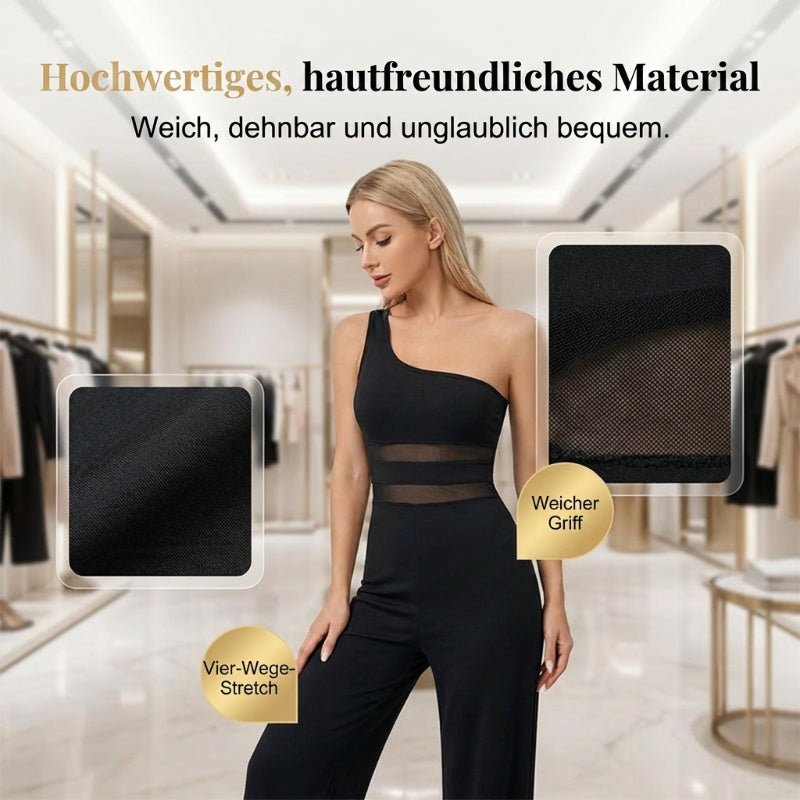 ✨🔥One-Shoulder Jumpsuit mit weitem Bein und Netzeinsatz