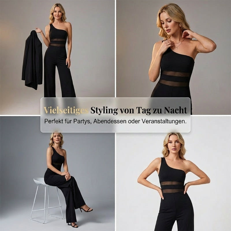 ✨🔥One-Shoulder Jumpsuit mit weitem Bein und Netzeinsatz