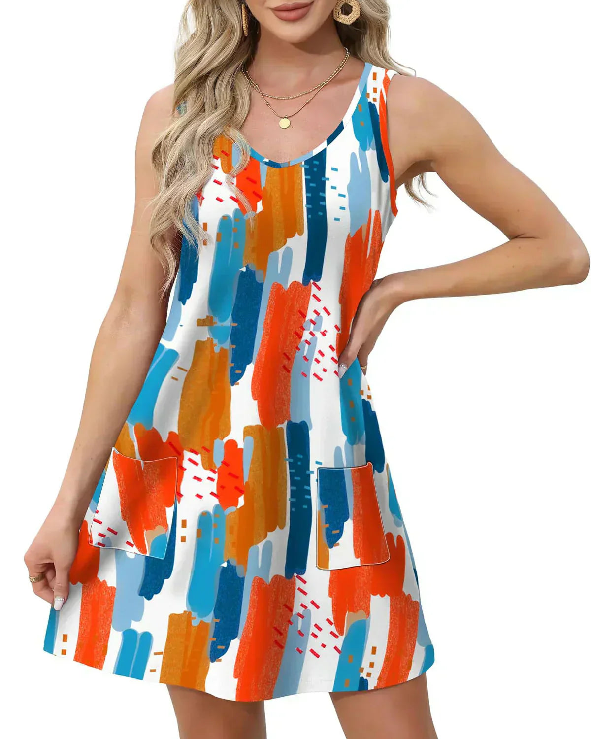 💖LETZTER TAG IM ANGEBOT: 49 % RABATT💖Sommerliches, bedrucktes, ärmelloses Strandkleid mit V-Ausschnitt