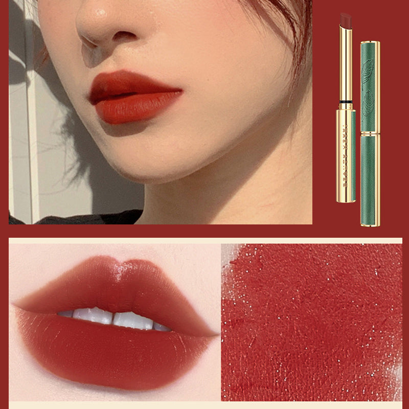 Gluschwein - Vintage Small Thin Heel Green Tube Lipstick M04#Red Chestnut Red Brown