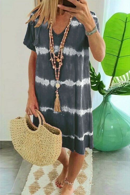 🔥 Letzter Tag! 50% Rabatt Damen Batik-Streifen T-Shirt Kleid 🌴 Lockeres luftiges Freizeitkleid für Sommer & Urlaub