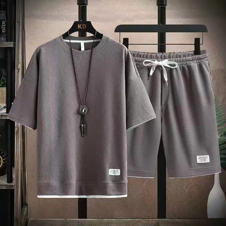 Waffle Fabric Short Sleeve T-Shirt 2-Piece Set