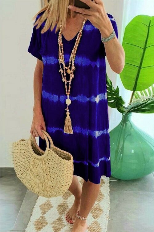 🔥 Letzter Tag! 50% Rabatt Damen Batik-Streifen T-Shirt Kleid 🌴 Lockeres luftiges Freizeitkleid für Sommer & Urlaub
