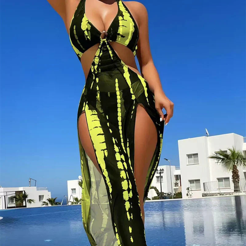 Gluschwein - ⏰ Nur noch heute limitierter 55% Rabatt! 👙 2-teiliges Bikini-Set mit transparentem Strand-Maxirock, Ring-Detail am Halsausschnitt, elastischer Stoff, trendiger Schwarz-Weiß Batik Print für Pool, Strand & Sommerurlaub ✨