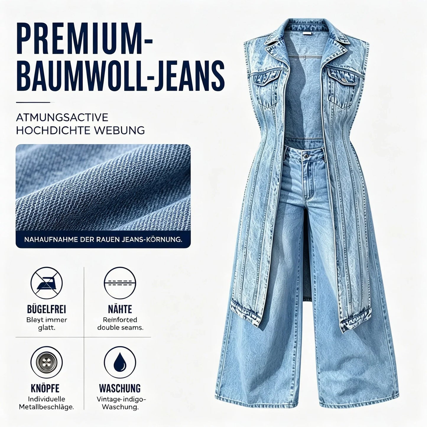 ☀️Sonderangebot: 50 % RABATT👗Damen Gilet-Stil Ärmelloses Jeanskleid mit hohem Schlitz