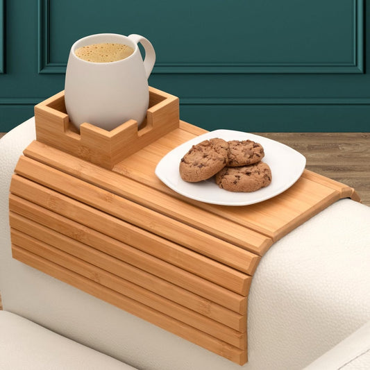 BambooEase | Bambus Armlehnen Tablett  Umweltfreundlicher Becher- und Snackhalter für das Sofa