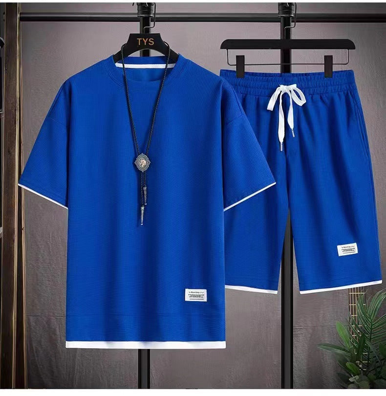 Waffle Fabric Short Sleeve T-Shirt 2-Piece Set