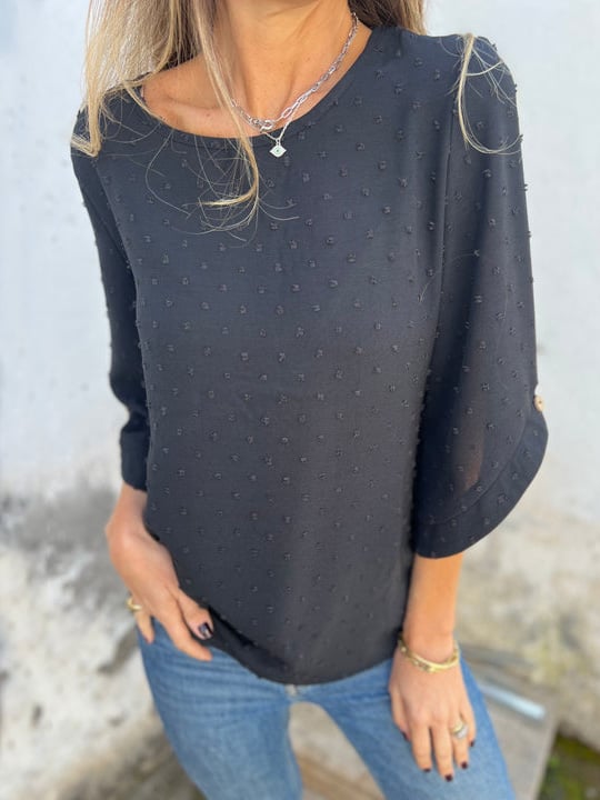 Lyutsiya - Camisa informal con cuello redondo y puños anchos bordados
