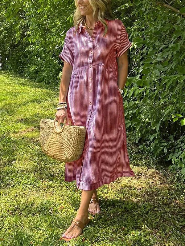 🎁Neu eingetroffen 49% reduziert💥Gestreiftes Hemdblusenkleid mit Reverskragen und Knopfleiste | Mit praktischen Taschen