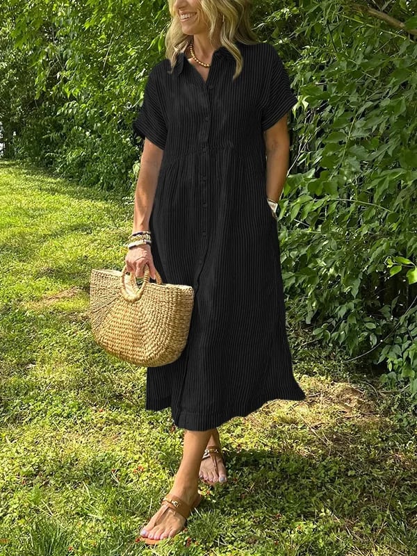 🎁Neu eingetroffen 49% reduziert💥Gestreiftes Hemdblusenkleid mit Reverskragen und Knopfleiste | Mit praktischen Taschen