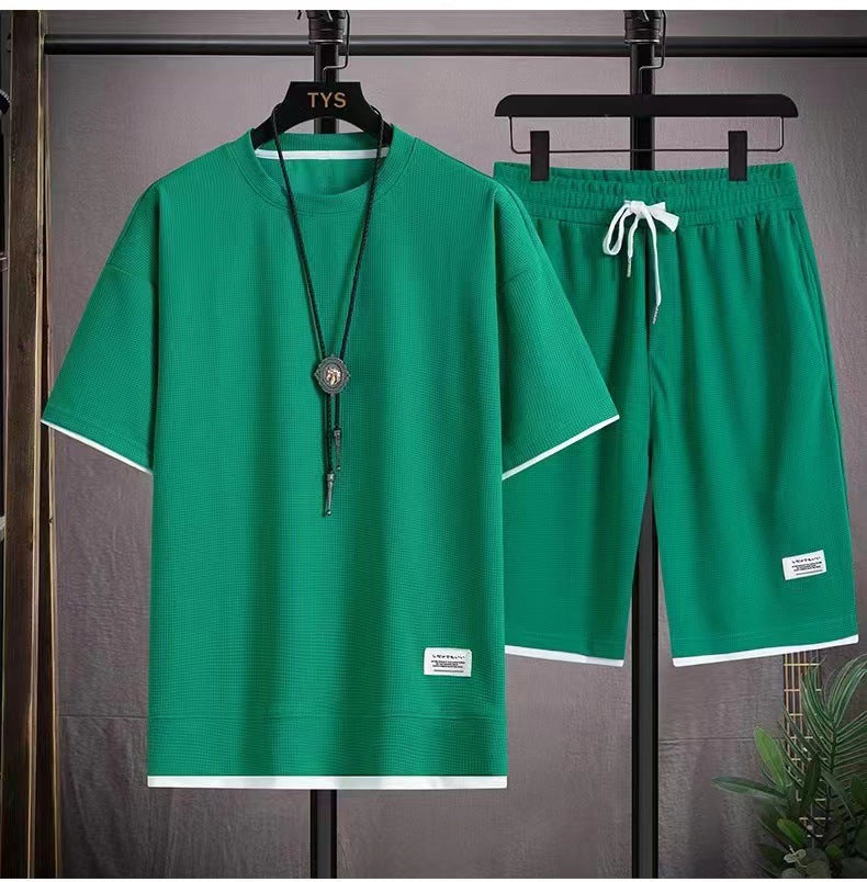 Waffle Fabric Short Sleeve T-Shirt 2-Piece Set