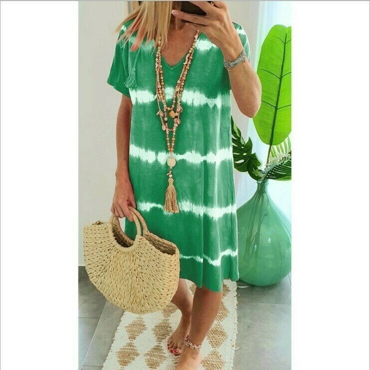 🔥 Letzter Tag! 50% Rabatt Damen Batik-Streifen T-Shirt Kleid 🌴 Lockeres luftiges Freizeitkleid für Sommer & Urlaub