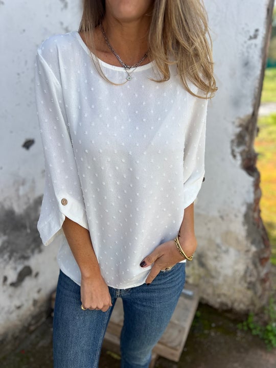 Lyutsiya - Camisa informal con cuello redondo y puños anchos bordados