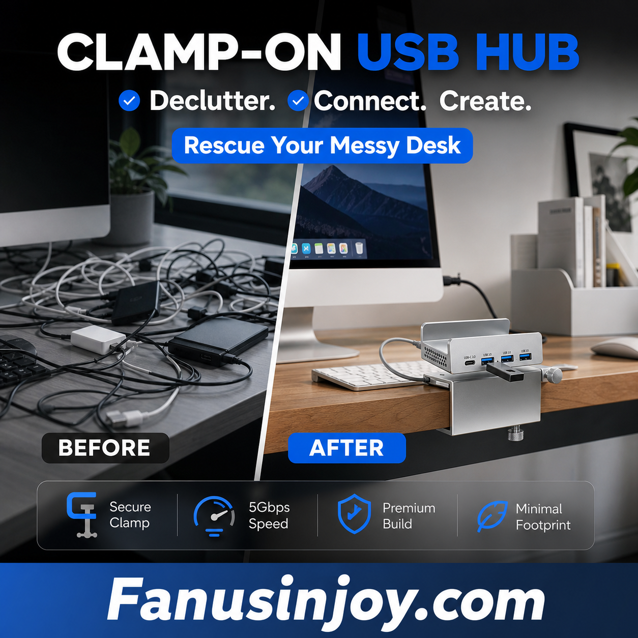 💥Begrenzte Zeit 50% Rabatt! 🖥️Schluss mit Kabelchaos! Klemm-USB-3.0-Hub aus Aluminiumlegierung – 4-Port-Dockingstation
