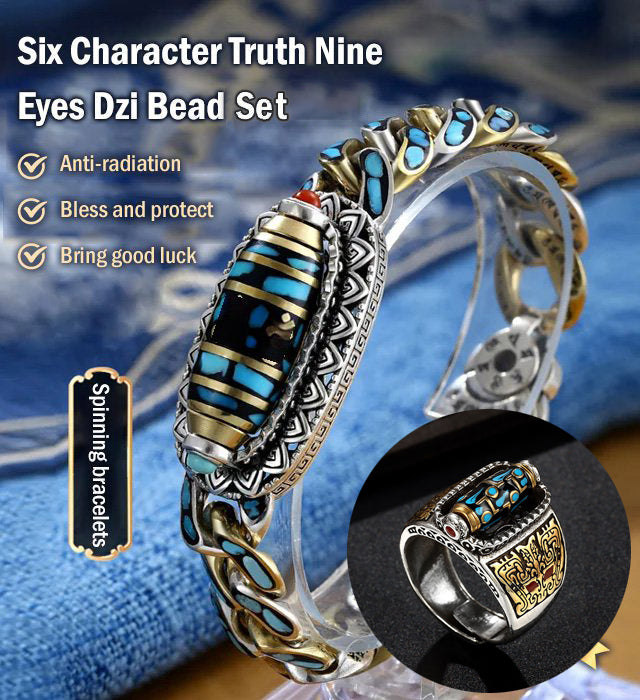 ✨Neun-Augen-Dzi-Armband mit Mantra mit sechs Charakteren in Türkis✨