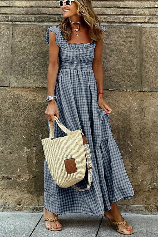 Gluschwein - 💎49% Rabatt🌸 Mehrfarbiges Maxikleid mit gesmokten Büsten und Karomuster🌷Die sanften Farben des Sommers werden Ihr Outfit verschönern