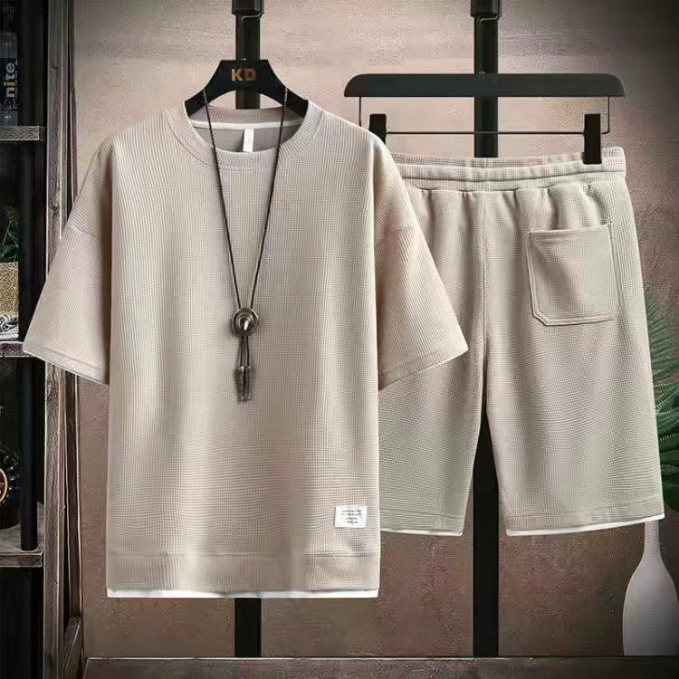 Waffle Fabric Short Sleeve T-Shirt 2-Piece Set