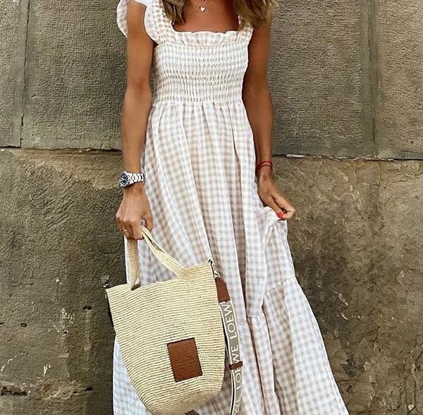Gluschwein - 💎49% Rabatt🌸 Mehrfarbiges Maxikleid mit gesmokten Büsten und Karomuster🌷Die sanften Farben des Sommers werden Ihr Outfit verschönern
