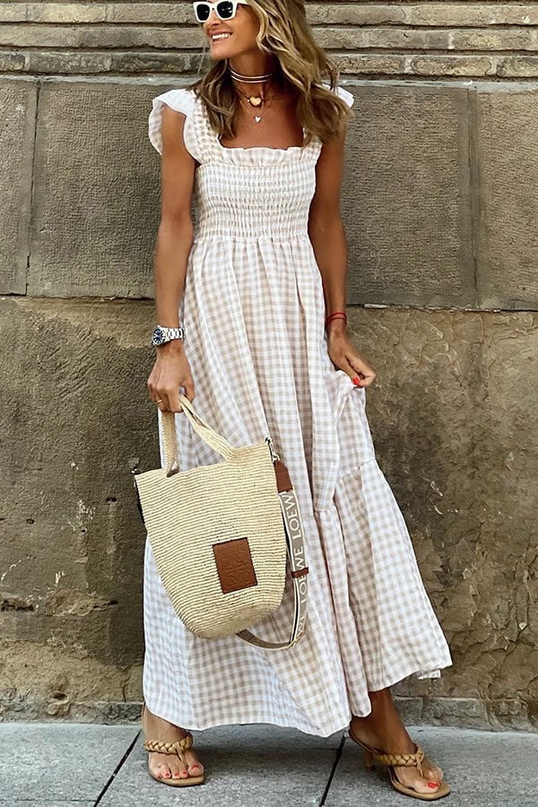 Gluschwein - 💎49% Rabatt🌸 Mehrfarbiges Maxikleid mit gesmokten Büsten und Karomuster🌷Die sanften Farben des Sommers werden Ihr Outfit verschönern