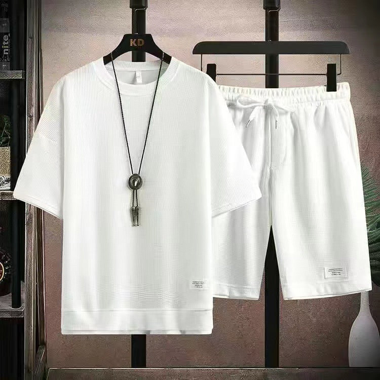 Waffle Fabric Short Sleeve T-Shirt 2-Piece Set