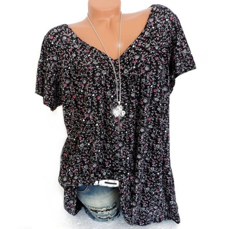 👚Damen Kurzarmbluse mit Frühlingsblumenprint: V-Ausschnitt & lockere Passform🎁