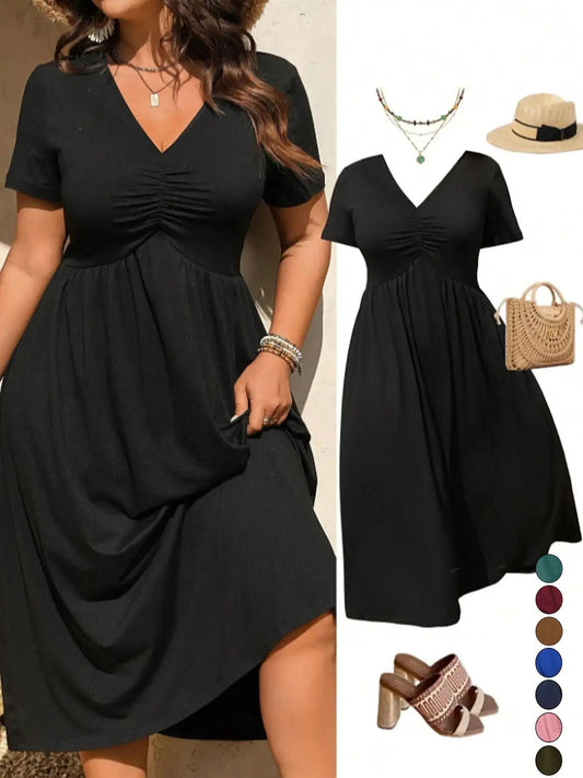 Gluschwein - 👗 50% RABATT! ⏰ Midi-Kleid in Übergröße mit V-Ausschnitt & Rüschen – Kurze Ärmel, weicher Stoff – Perfekt für warme Tage, elegante Anlässe oder den Alltag – bequem & stilvoll ✨🌸