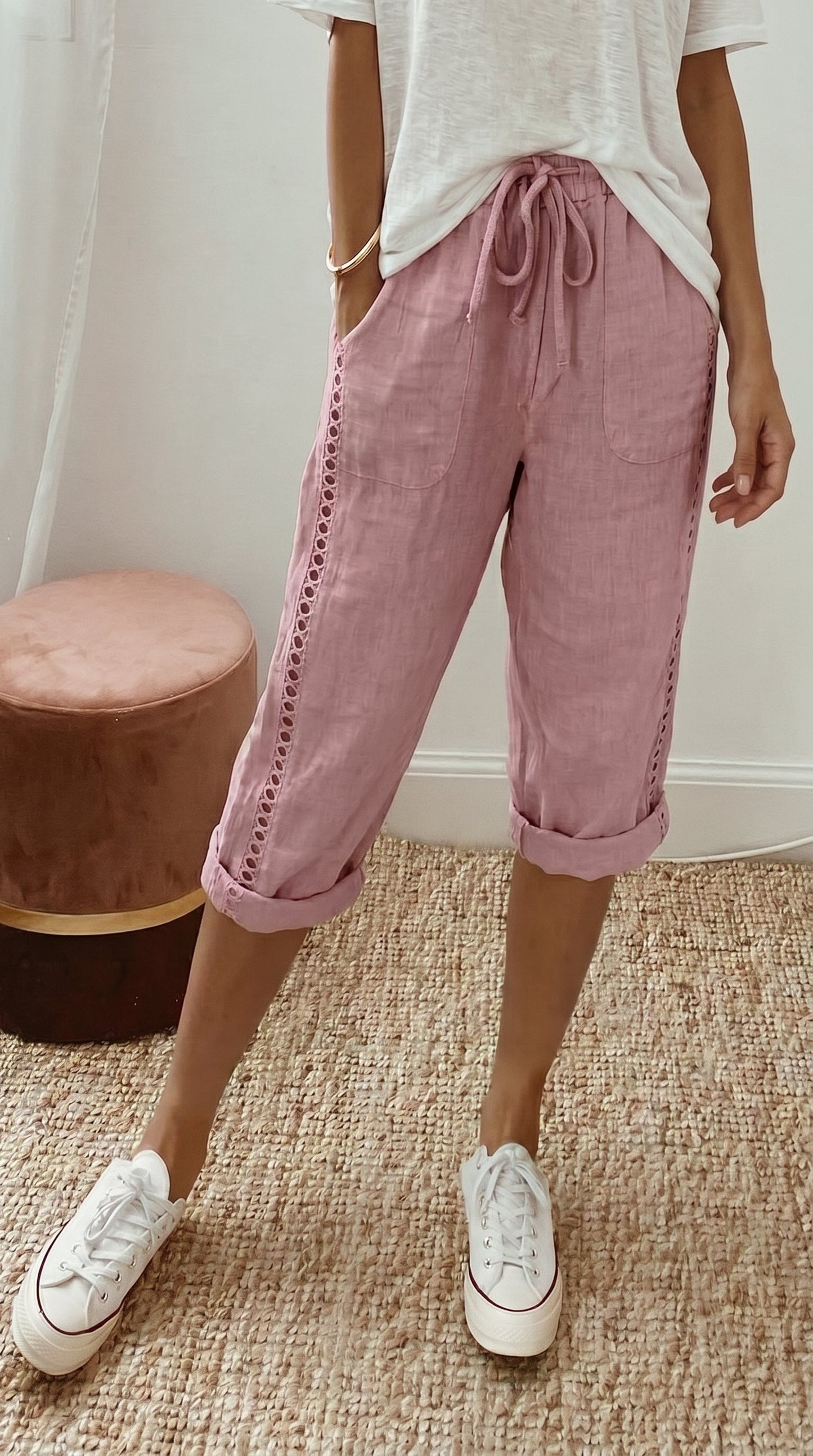🌿 Damen Capri-Sommerhose mit Spitzendetails – Bequem, luftig & mit elastischem Bund!