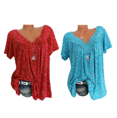 👚Damen Kurzarmbluse mit Frühlingsblumenprint: V-Ausschnitt & lockere Passform🎁