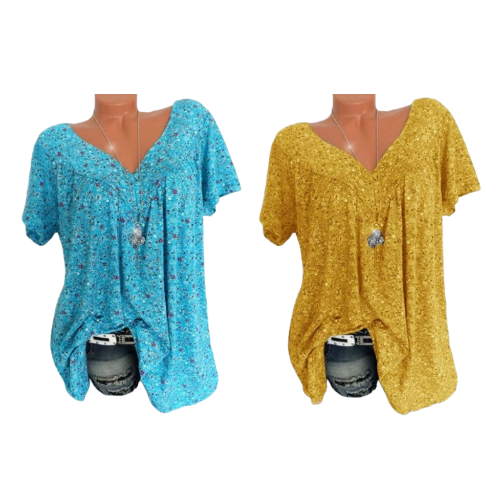 👚Damen Kurzarmbluse mit Frühlingsblumenprint: V-Ausschnitt & lockere Passform🎁