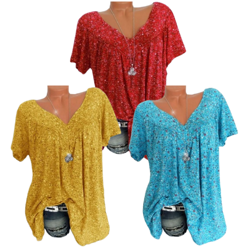 👚Damen Kurzarmbluse mit Frühlingsblumenprint: V-Ausschnitt & lockere Passform🎁