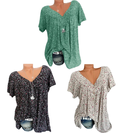 👚Damen Kurzarmbluse mit Frühlingsblumenprint: V-Ausschnitt & lockere Passform🎁