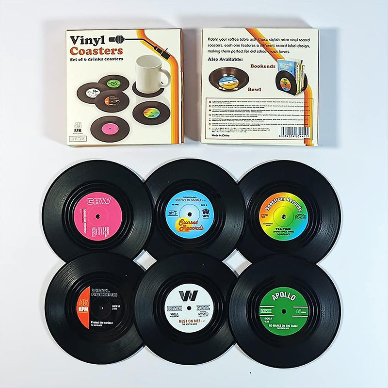 Gluschwein - Schallplatten-Untersetzer mit Vintage-Spielerhalter Weiß (6 Stück)