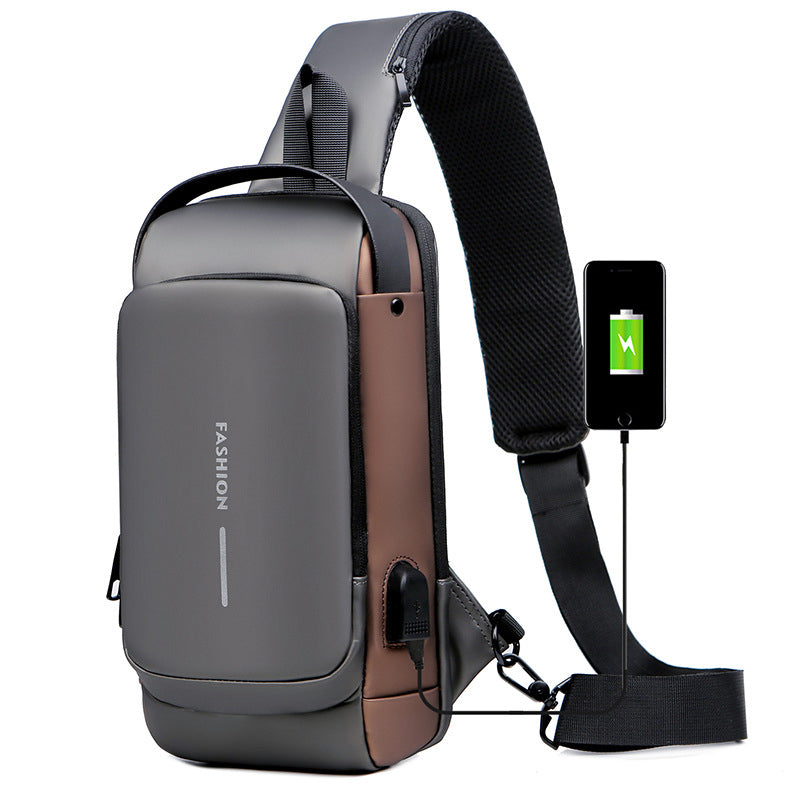 Gluschwein - USB-Ladesport-Sling-Diebstahl-Umhängetasche grau mit braun