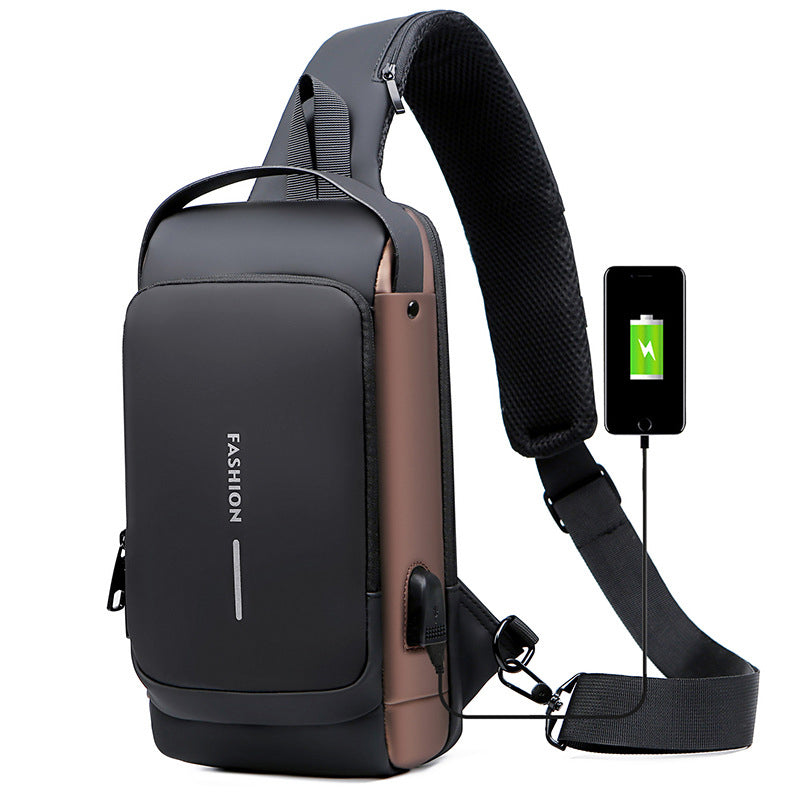 Gluschwein - USB-Ladesport-Sling-Diebstahl-Umhängetasche schwarz mit braun