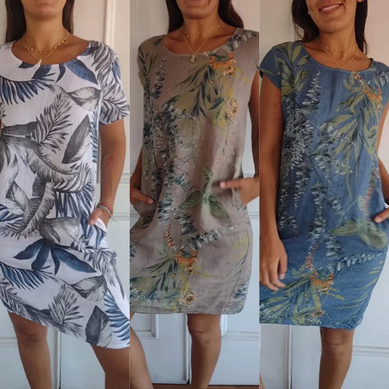 Gluschwein - 🌷56% RABATT❤️‍🔥Bedrucktes Kleid mit Rundhalsausschnitt aus Baumwolle und Leinen für Frauen