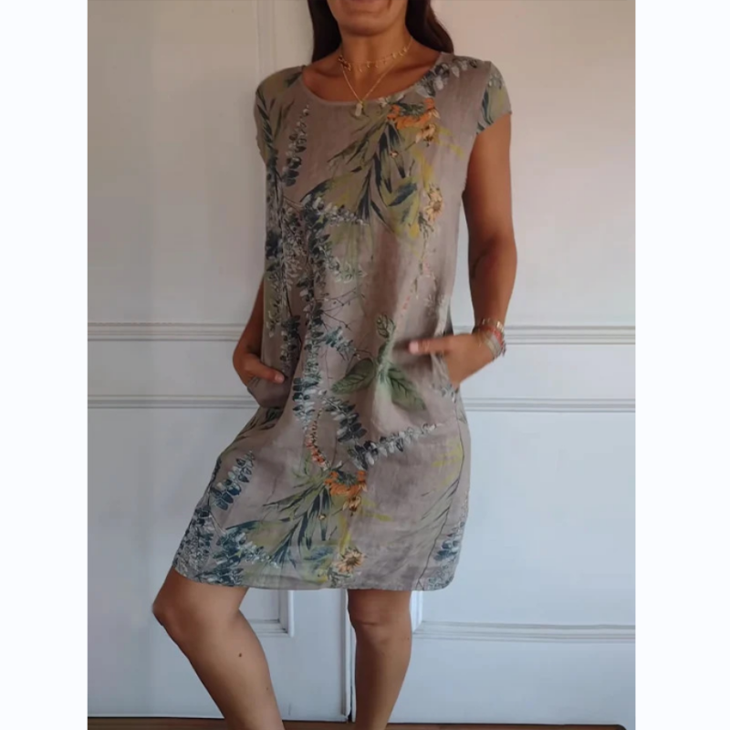Gluschwein - 🌷56% RABATT❤️‍🔥Bedrucktes Kleid mit Rundhalsausschnitt aus Baumwolle und Leinen für Frauen