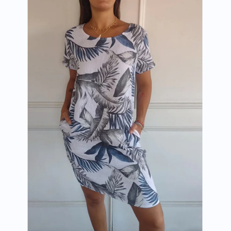 Gluschwein - 🌷56% RABATT❤️‍🔥Bedrucktes Kleid mit Rundhalsausschnitt aus Baumwolle und Leinen für Frauen