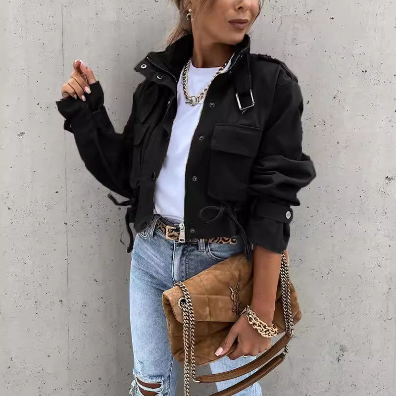Gluschwein - 🌞Frühlingserwachen: 50% Rabatt!🎉Urban Utility Kurzjacke "Military Chic" – Mit Stehkragen & verstellbarem Kordelzug